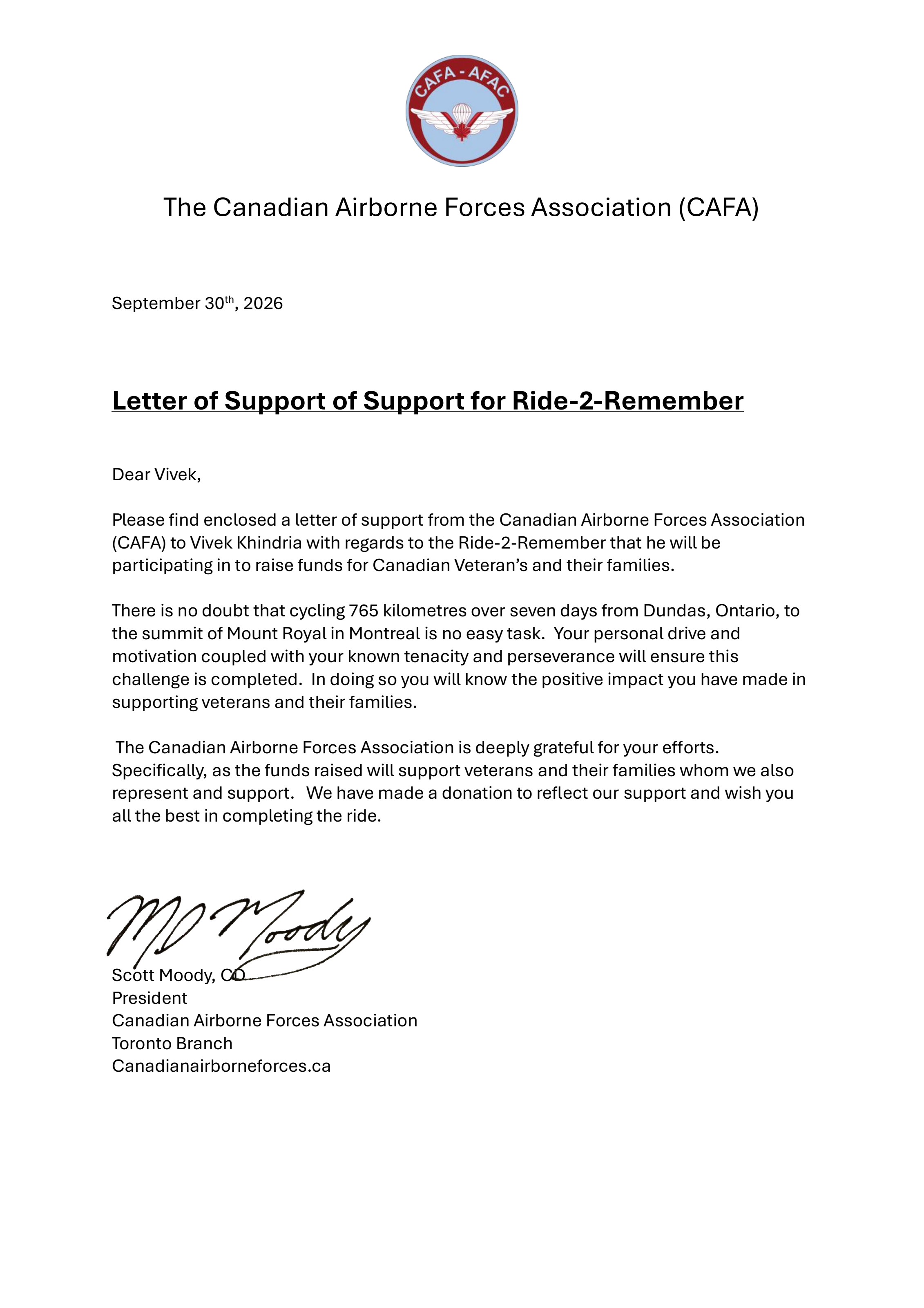 Canadian Airborne Forces Association letter of support