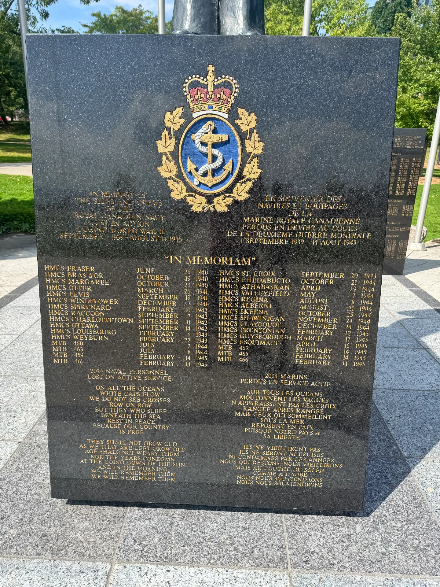 In Memoriam granite panel listing Royal Canadian Navy ships lost in action during the Second World War