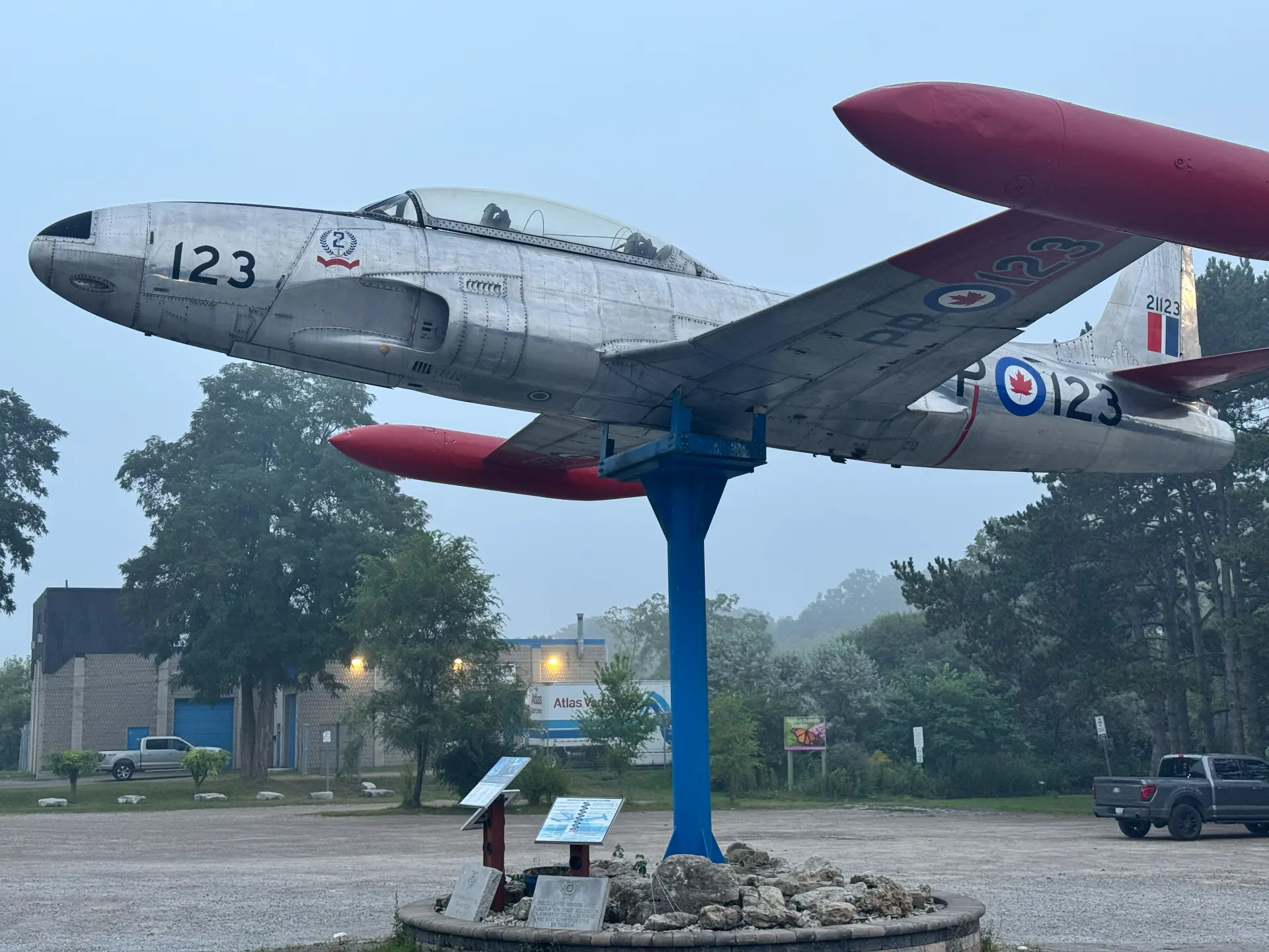 Restored CT-133 Silver Star jet trainer mounted on a pedestal outside the Hamilton Air Force Association