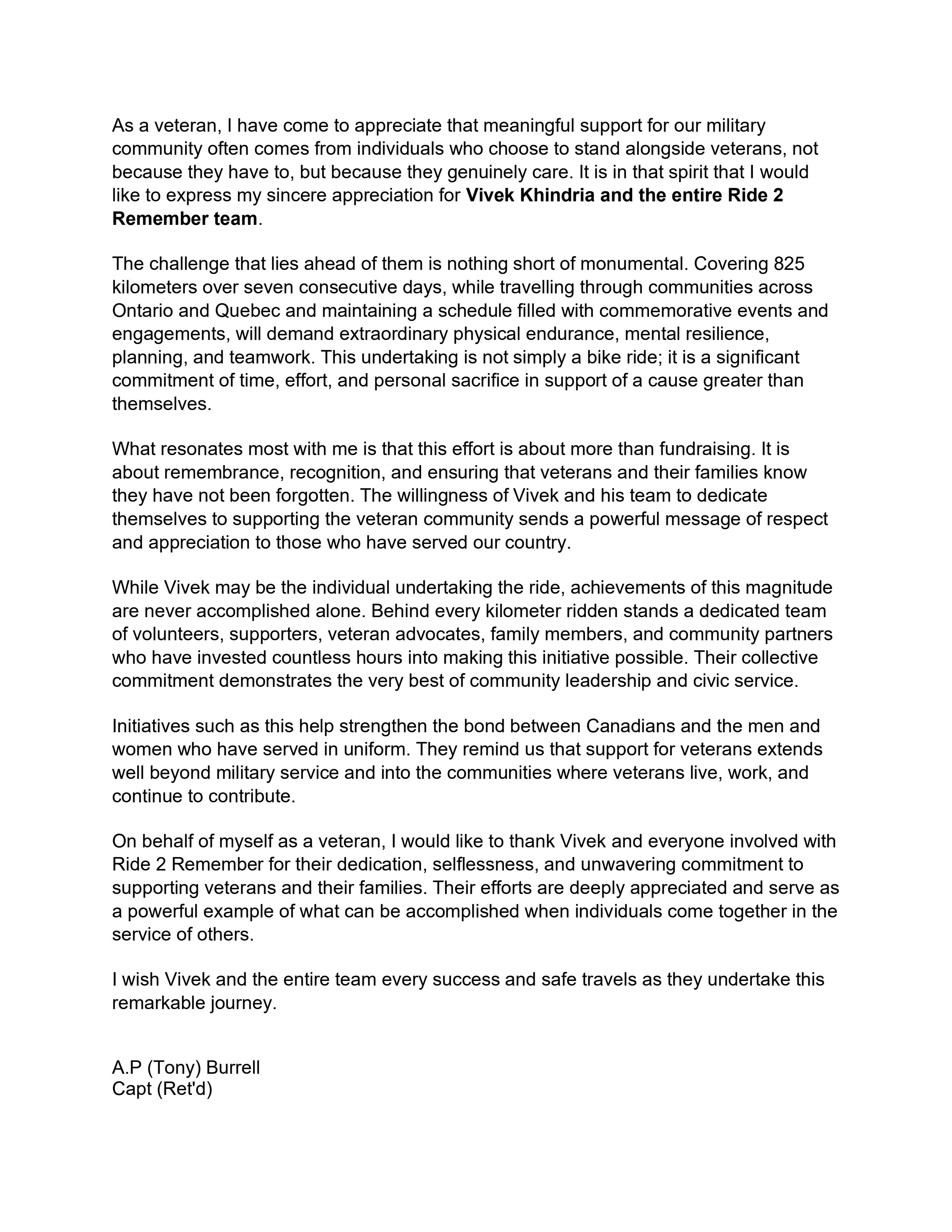 Captain (Ret'd) A.P. (Tony) Burrell letter of appreciation