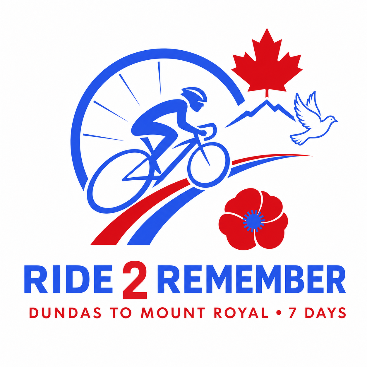 Ride 2 Remember logo with cyclist, maple leaf, mountain, dove, and poppy