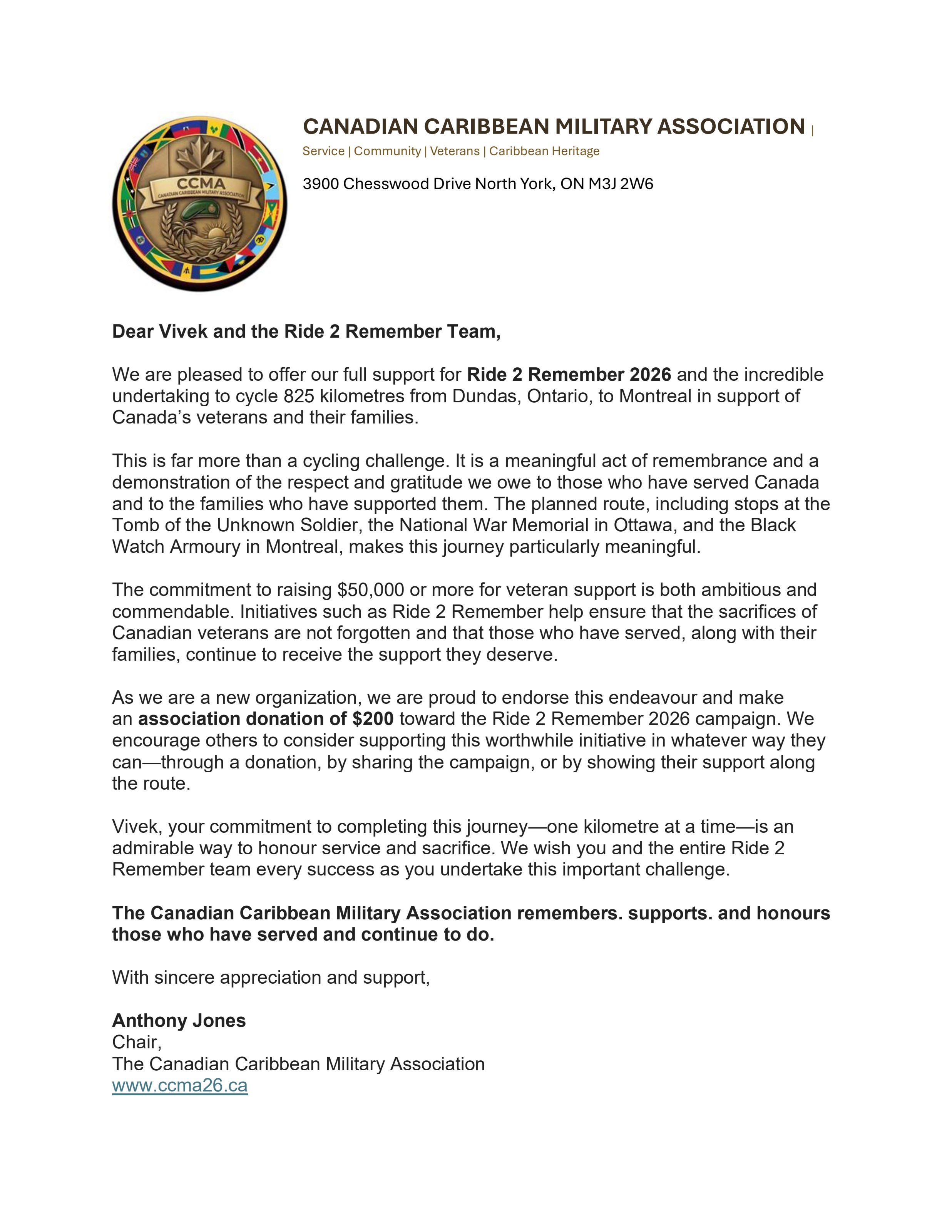 Canadian Caribbean Military Association letter of support