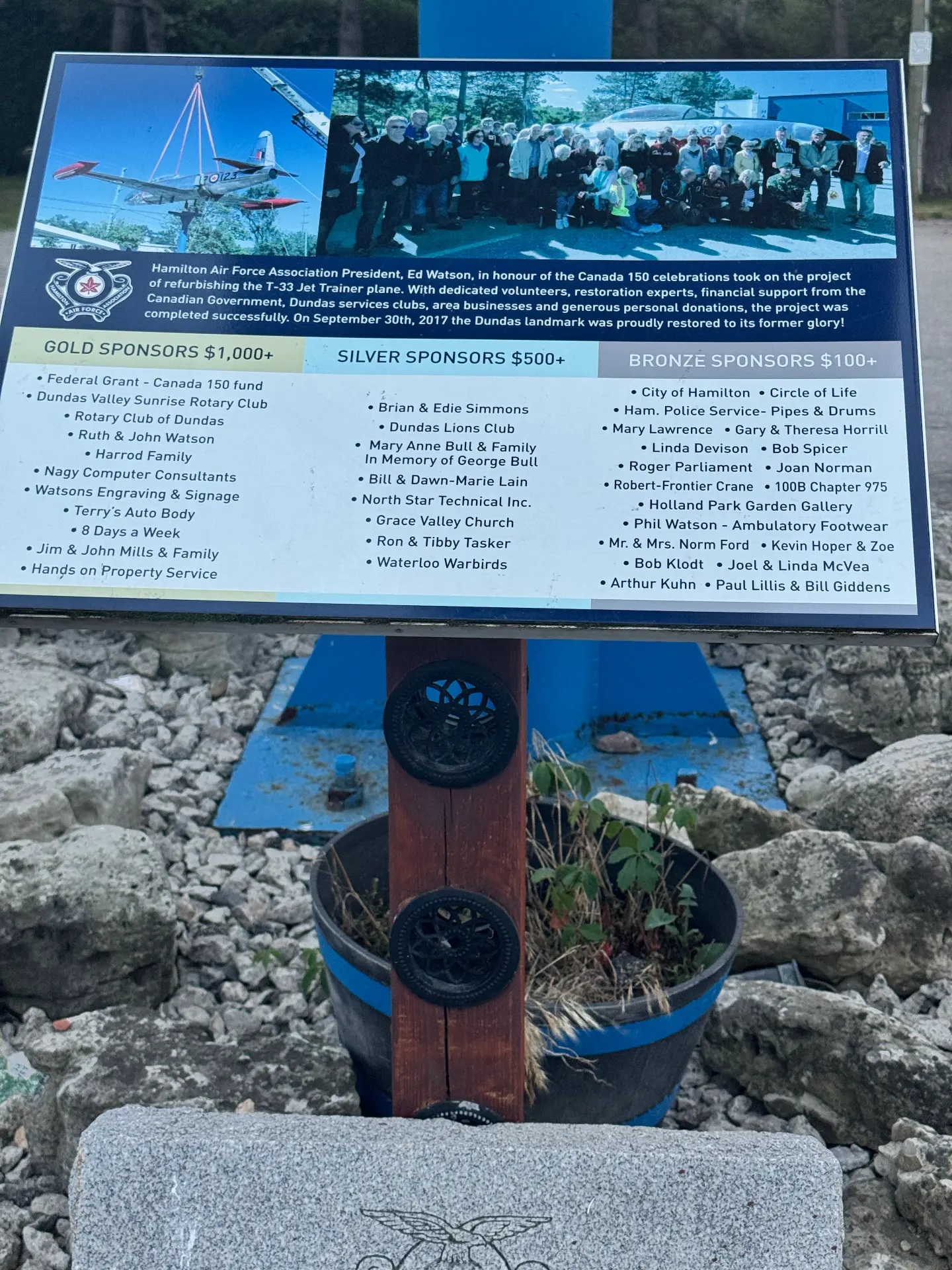 Plaque recognising the sponsors and volunteers who refurbished the T-33 jet trainer in 2017