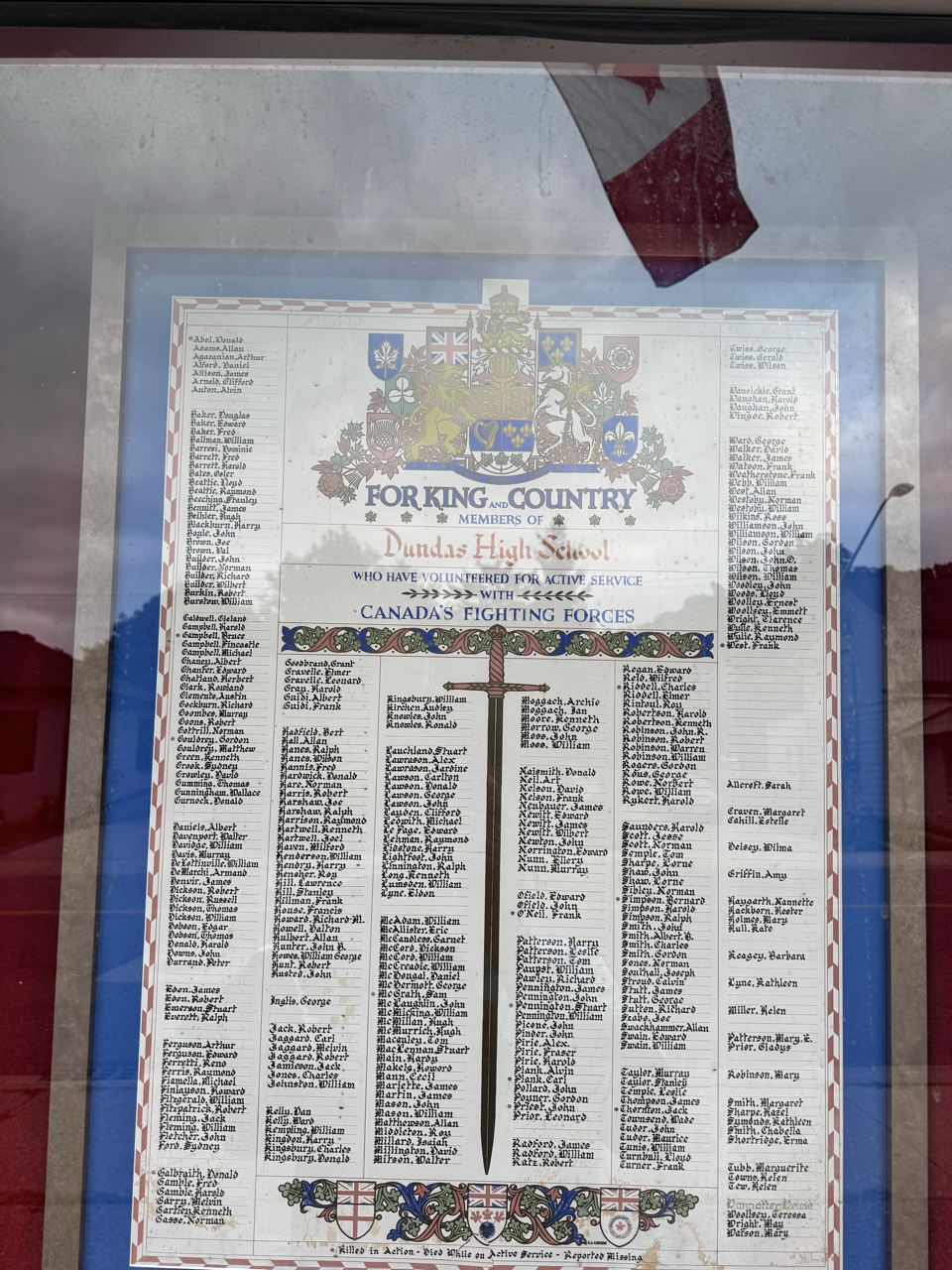 For King and Country honour roll listing members of Dundas High School who volunteered for active service