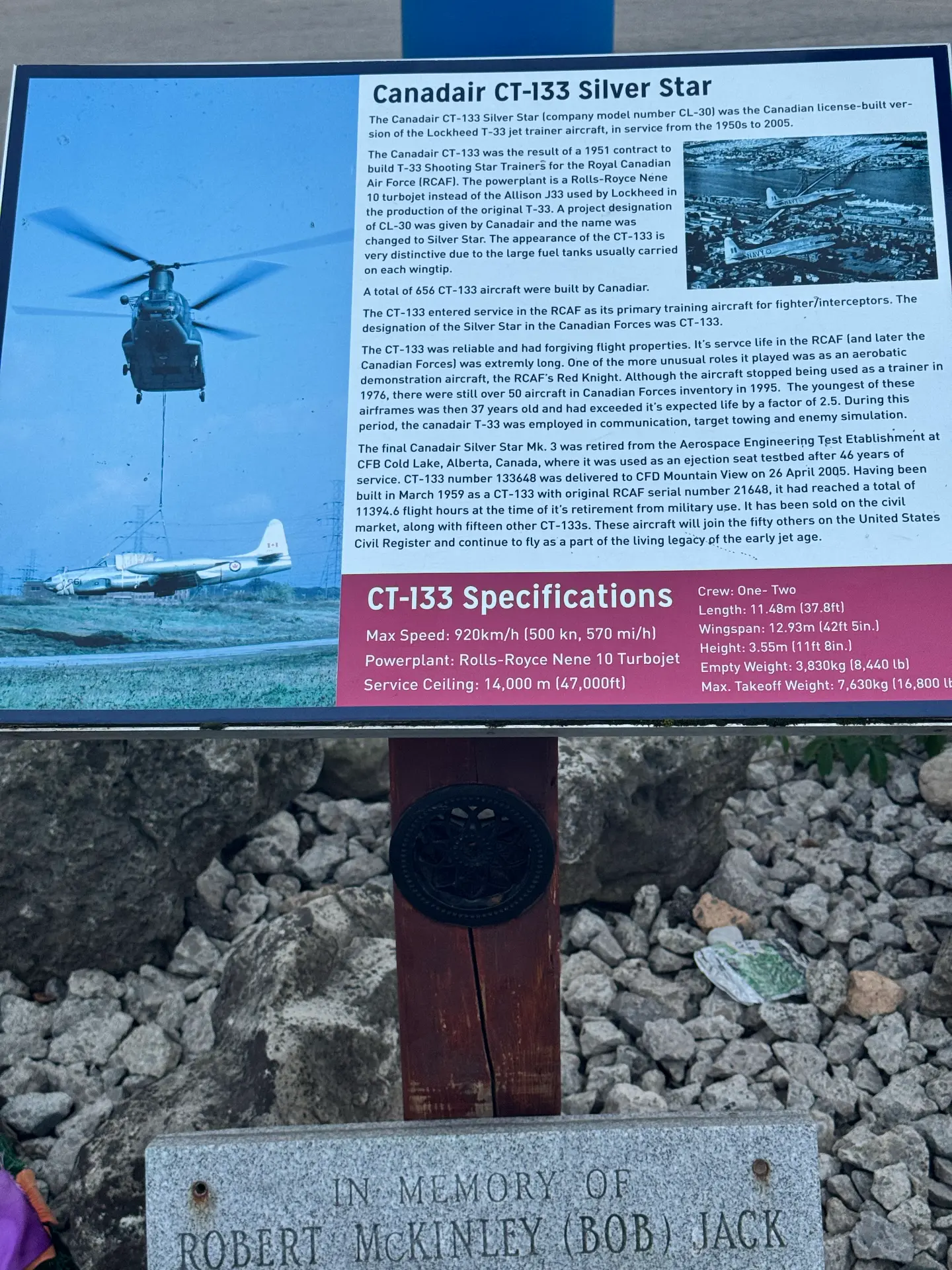 Canadair CT-133 Silver Star information and specifications plaque