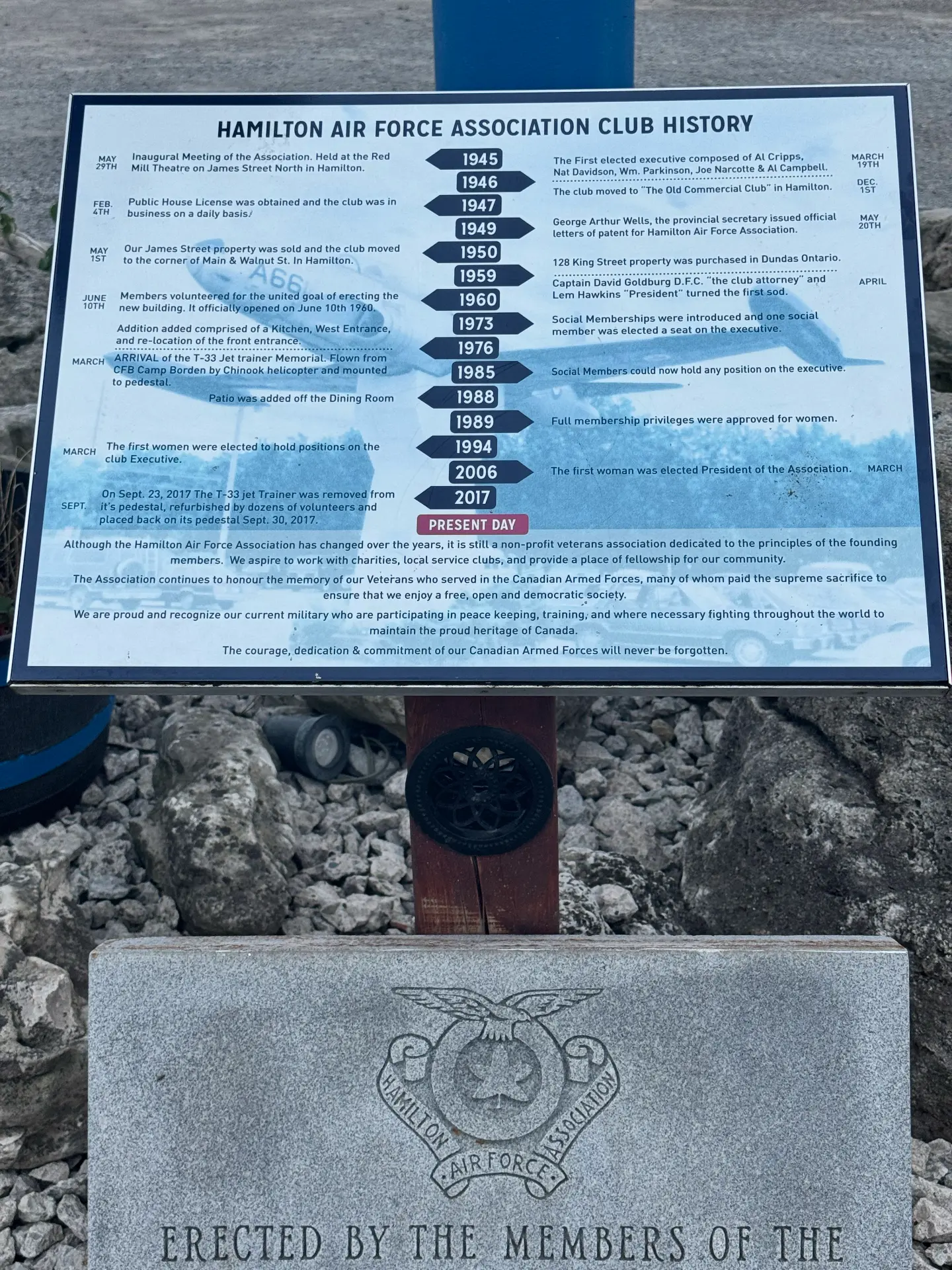 Hamilton Air Force Association club history plaque beside the association memorial stone