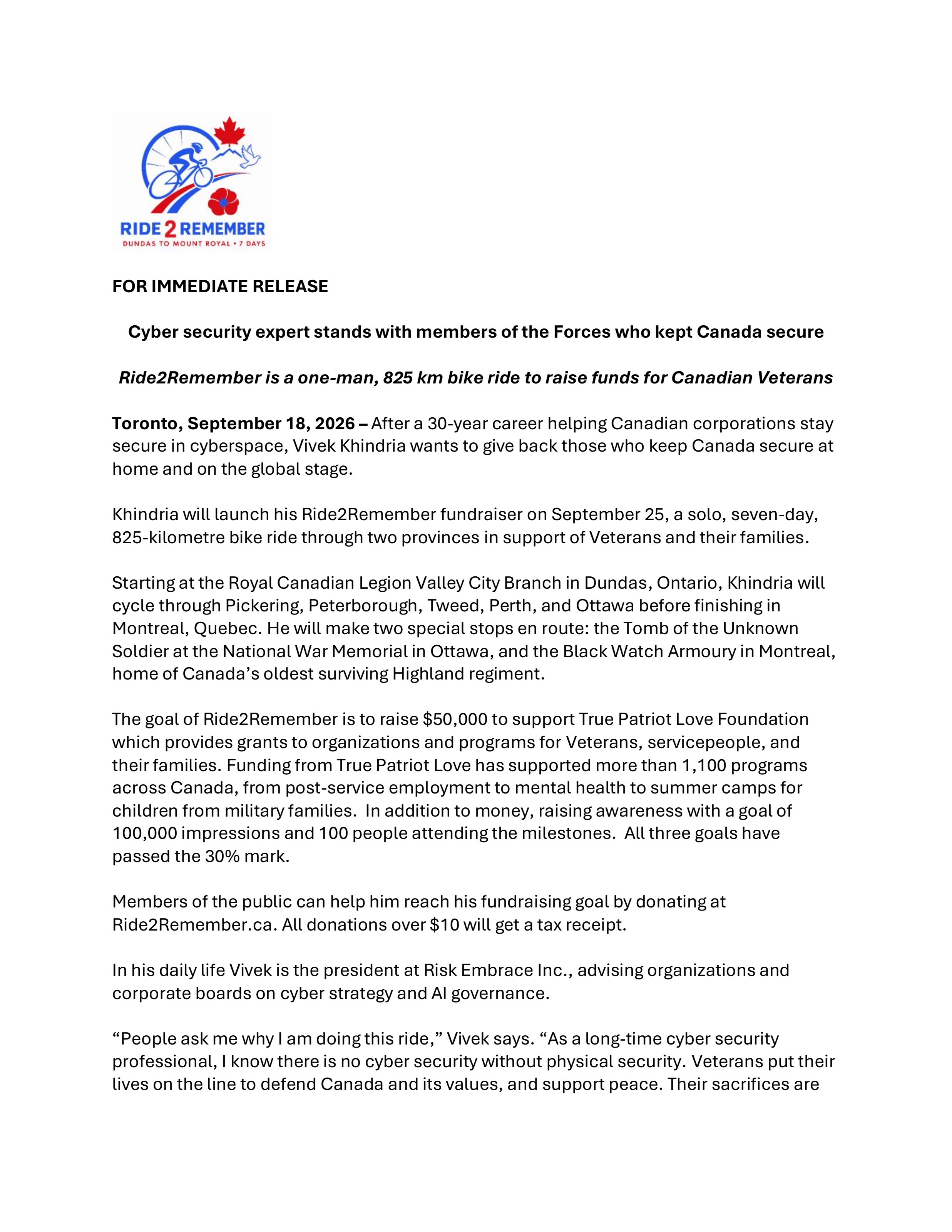 Ride 2 Remember press release, first page