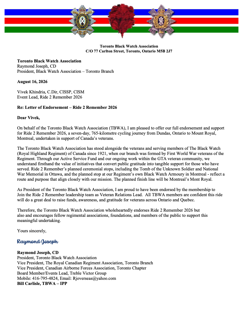 Toronto Black Watch Association letter of endorsement
